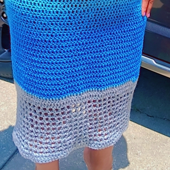 BLUEBERRY CROCHET MAXI DRESS W/ METALLIC SILVER MESH BOTTOM WITH ADDED PEARLS - Picture 6 of 6